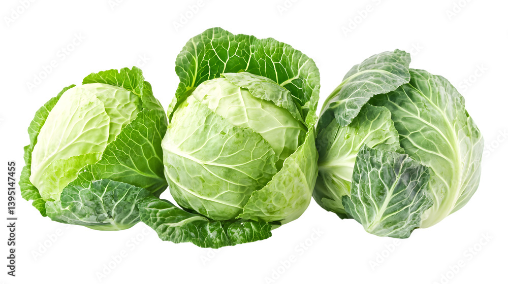 Fototapeta premium Vibrant Fresh Green Cabbage Heads on Transparent Background for Culinary Concepts and Designs
