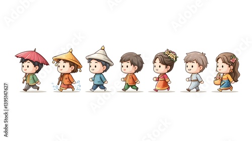 Songkran festival parade thailand cartoon characters cultural vibe playful view
