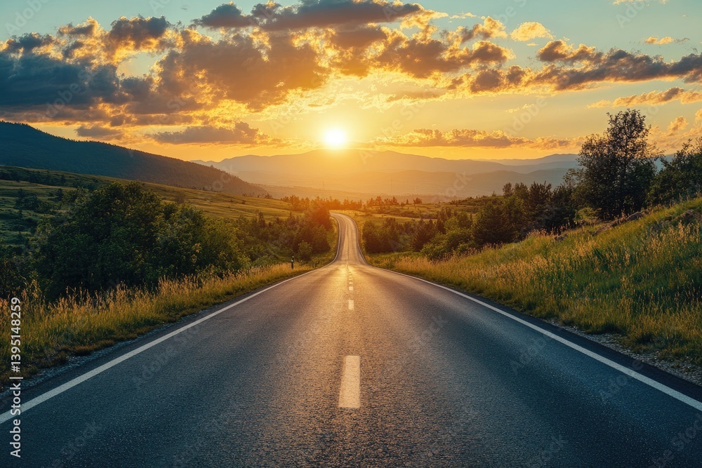 Naklejka premium Winding road leads to sunset