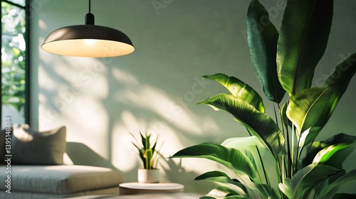 Serene Interior Vibes with Large Green Indoor Plant and Modern Lighting