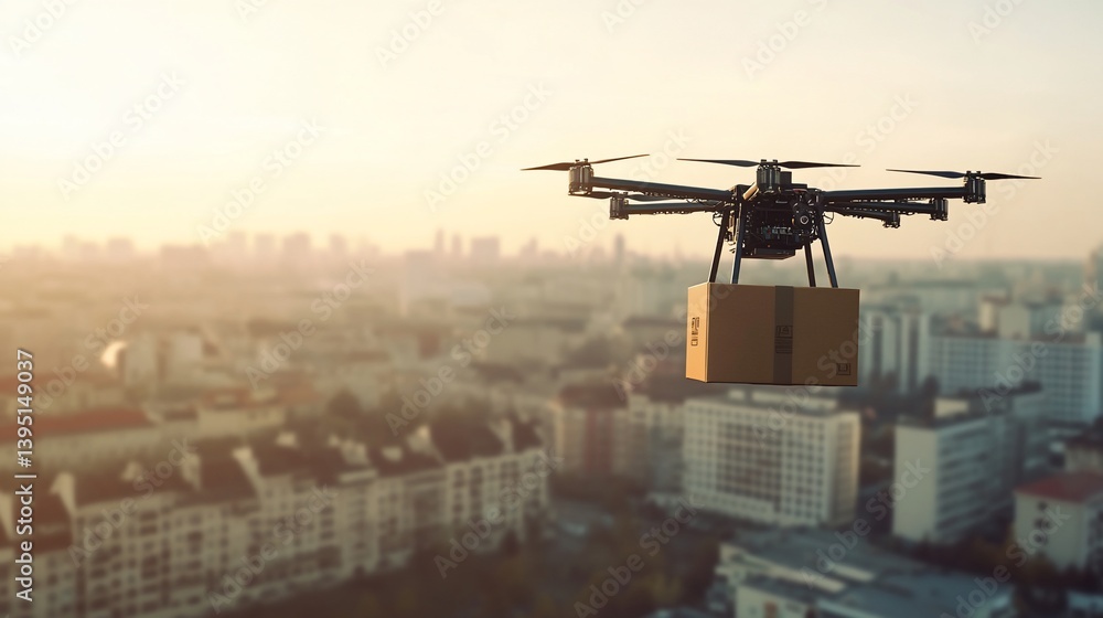 Drone Delivery Service Over Urban Skyline at Dawn Drone Delivery Service Over Urban Skyline at Dawn