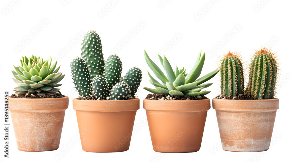 Front View of Isolated Potted Succulents and Cacti Arrangement in Natural Light Setting Front View of Isolated Potted Succulents and Cacti Arrangement in Natural Light Setting