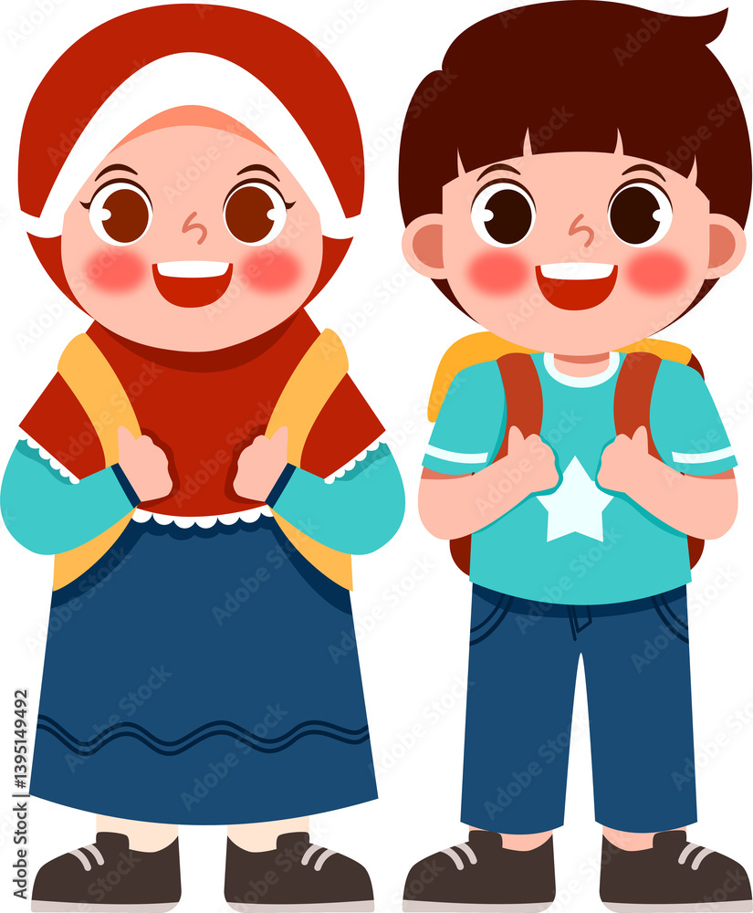 Smiling Children in School Uniforms with Backpacks, Ready for Class Smiling Children in School Uniforms with Backpacks, Ready for Class