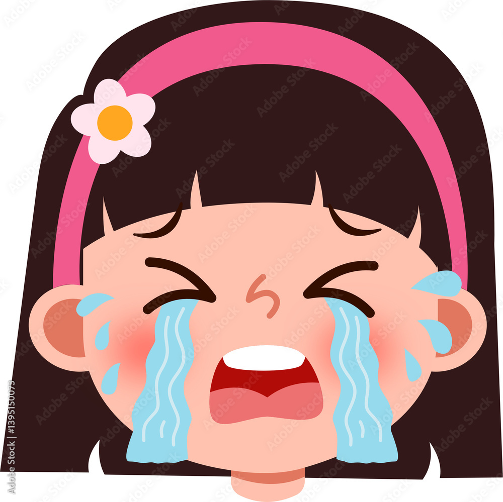 Obraz premium Cartoon Girl with Pink Headband, Weeping Tears of Sorrow