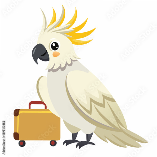 Cute cartoon parrot cockatoo with a suitcase isolated on white background. Suitable for travel posters, logo, children's books and encyclopedias. Vector illustration.	