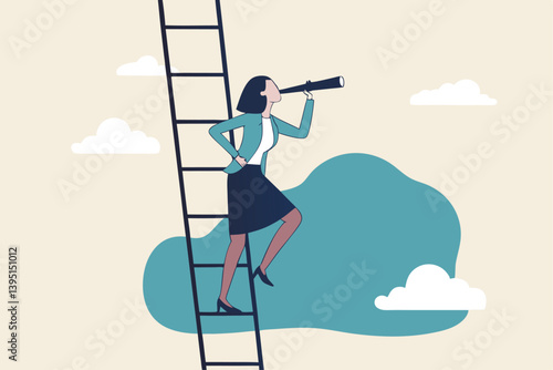 Career opportunity, business success vision or searching for new job, leadership visionary, looking for goal, future or business discovery concept, businesswoman climb up ladder looking on telescope.