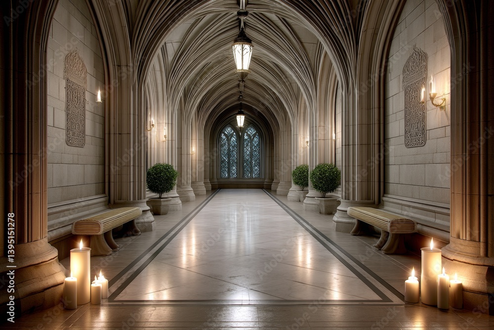 Obraz premium A gothic stone corridor lit by emergency torches and dark safety runes on the wall