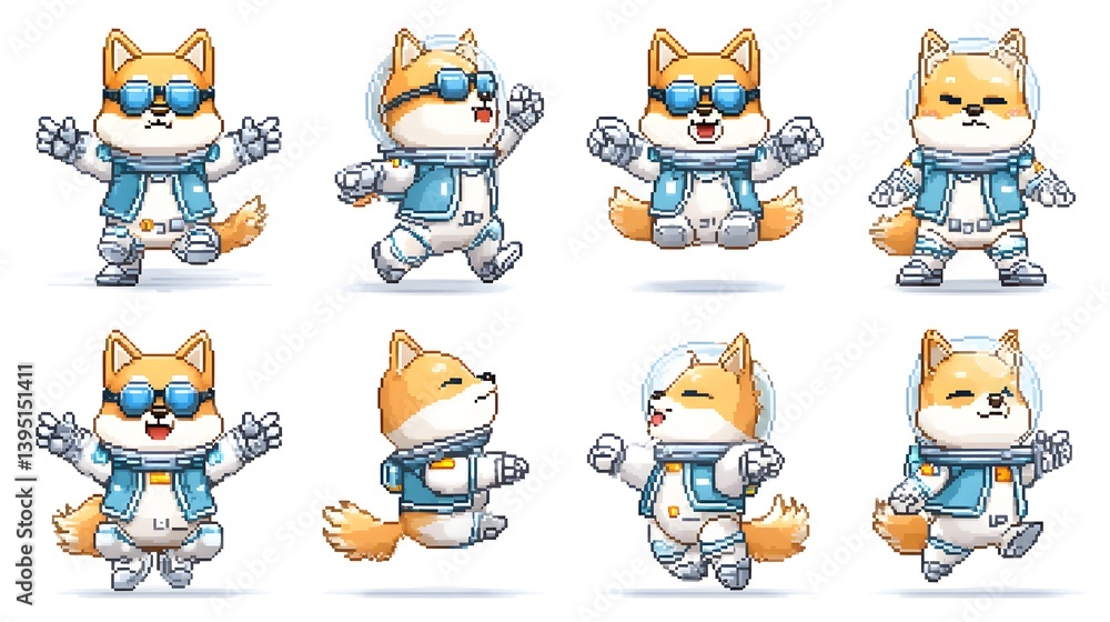 Obraz premium Shiba inu jetpack adventure fantasy world pixel art 2d animation playful concept
