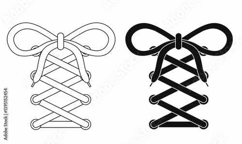 Stylized vector icon of knotted shoelaces in a bow tie shape, ideal for fashion, sneakers, shoes, and footwear design. Includes black and outline versions