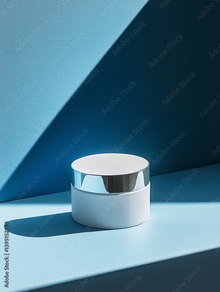 Minimalist Skincare Product Jar on Light Blue Surface with Shadow