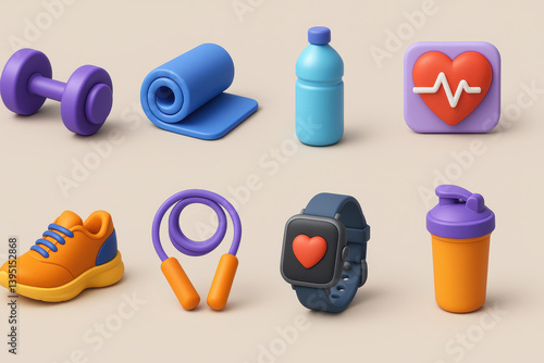 Fitness and wellness icons set in 3d style: heart rate, dumbbell, water bottle, more