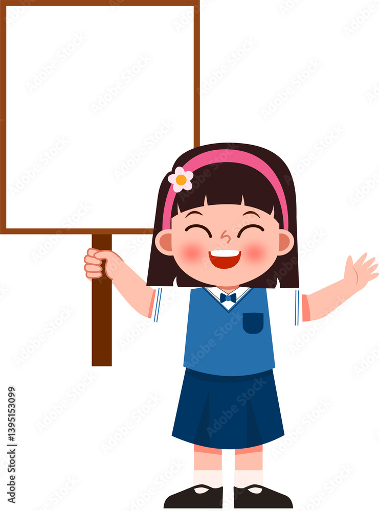 Joyful Schoolgirl Holding Blank Sign, Cheerful Announcement Illustration Joyful Schoolgirl Holding Blank Sign, Cheerful Announcement Illustration
