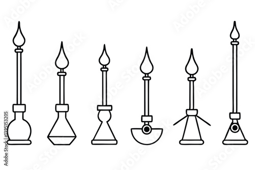 Bunsen burner line art clean black and white sketch.