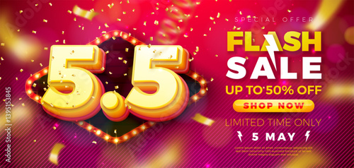5 May Shopping Day Flash Sale Design with 3d 5.5 Number, Light Bulb Billboard and Falling Confetti on Red Background. Vector Special Offer 50 Percent Off Campaign Discount Illustration for Coupon