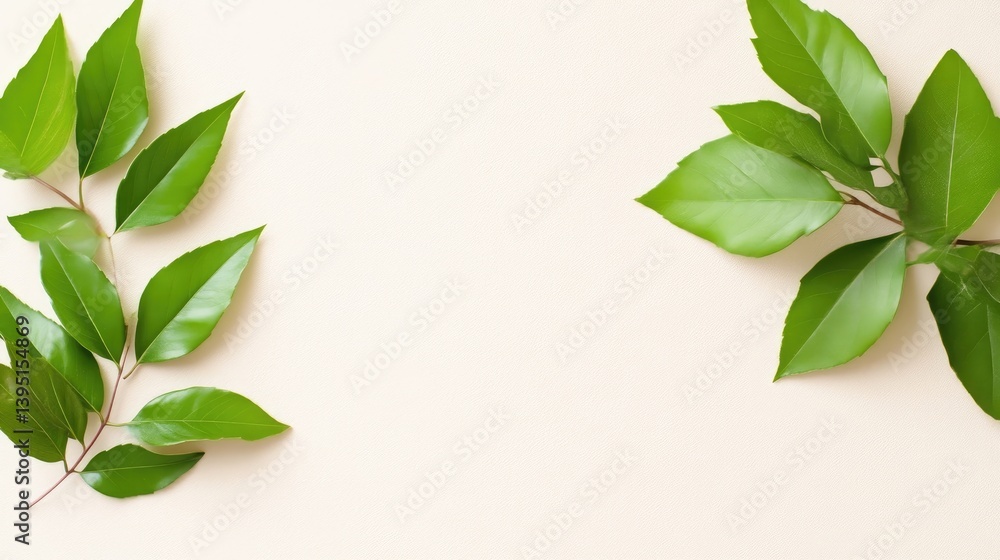 Green Leaves on Beige Background Minimalist Style High-Resolution Photography Horizontal Composition Lush Greenery Flatlay Design Natural Setting Soft Green Hues Ideal for Wellness Branding Green Leaves on Beige Background Minimalist Style High-Resolution Photography Horizontal Composition Lush Greenery Flatlay Design Natural Setting Soft Green Hues Ideal for Wellness Branding