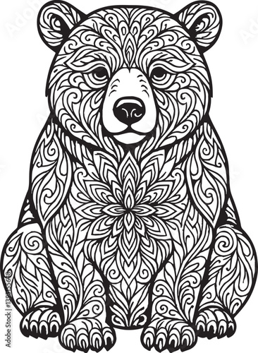 Cartoon vector illustration of a cute brown bear cub mandala with tribal tattoo style