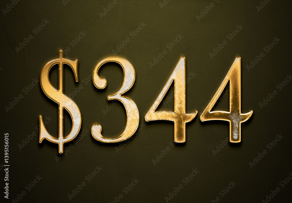 Old gold effect of 344 dollars with 3D glossy style Mockup.