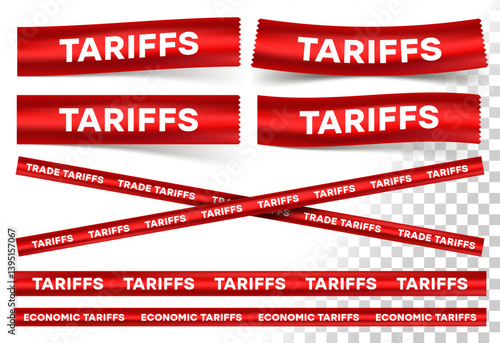 Economic Tariffs and Trade Policy. Red Warning Tapes Representing Government Taxation and Protectionism. Vector illustration