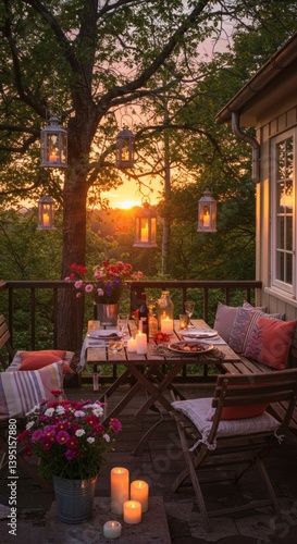 Outdoor Dining at Sunset with Lanterns and Candles
