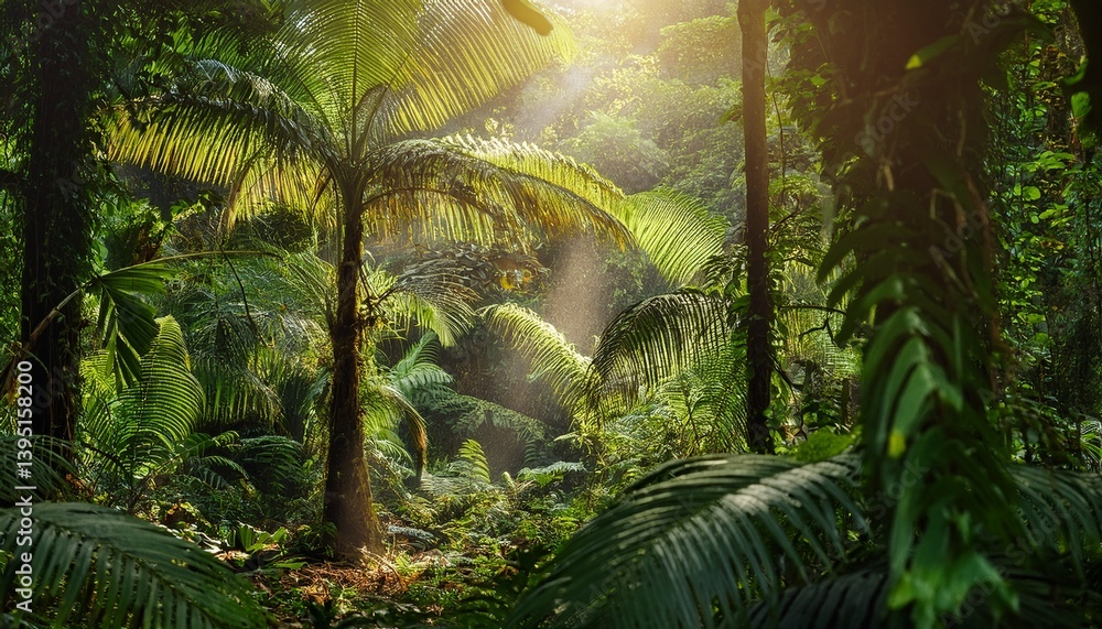 Naklejka premium Sunlight filters through dense canopies. 