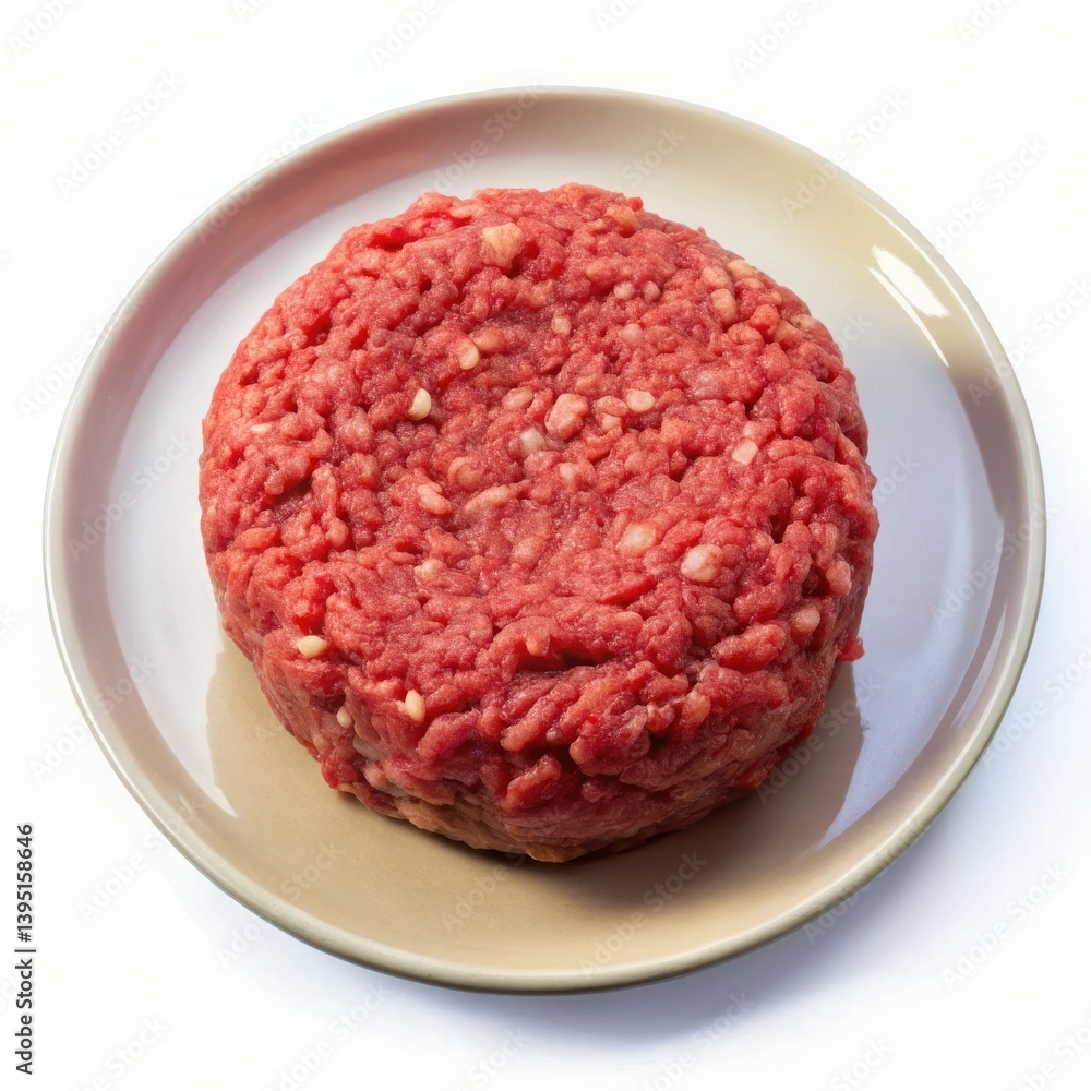 Juicy ground beef patty ready to grill on a plate close up view Juicy ground beef patty ready to grill on a plate close up view