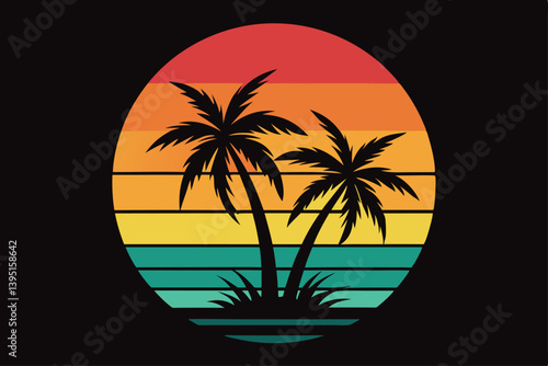 Retro Tropical Palm Trees Silhouette Against a Colorful Striped Sunset Circle