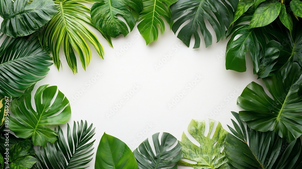 Fototapeta premium Lush Tropical Leaf Border on White Background