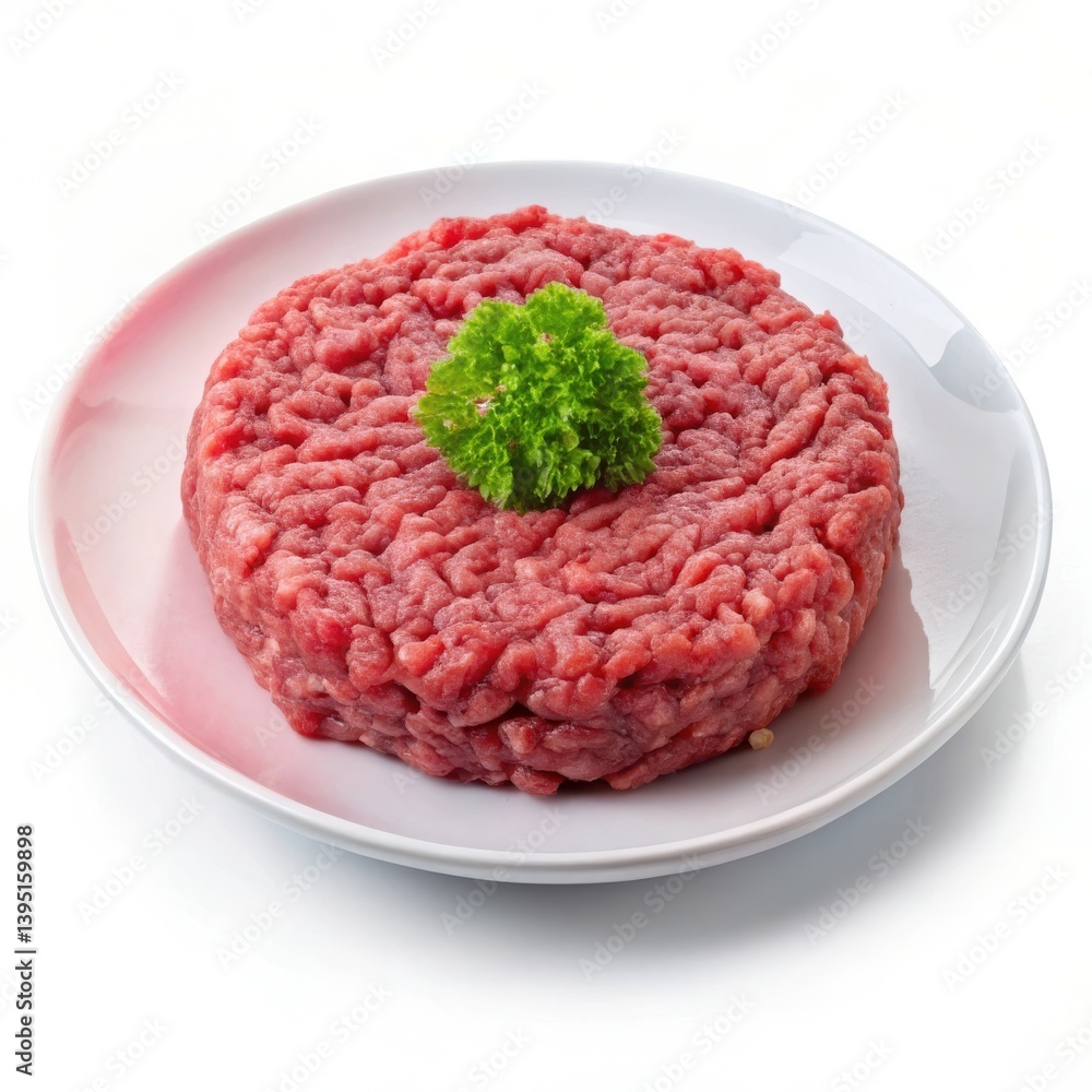Juicy raw burger patty ready to cook fresh beef parsley garnish white Juicy raw burger patty ready to cook fresh beef parsley garnish white