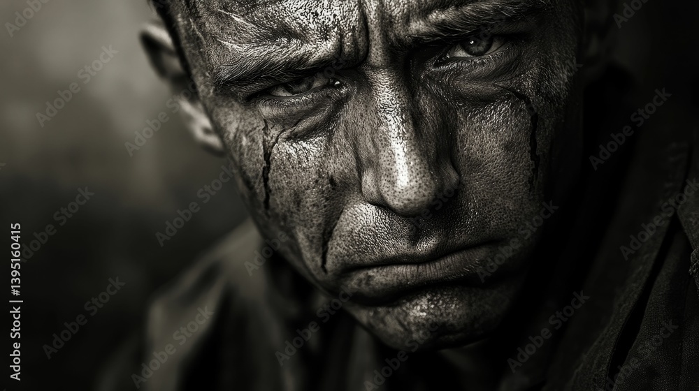 Close-up of a man's face with dark smudges, looking somber Close-up of a man's face with dark smudges, looking somber