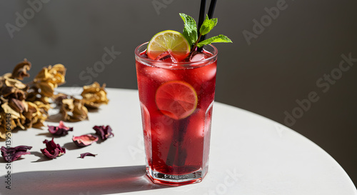 Wallpaper Mural Crimson refreshment: Iced drink with citrus, mint, and floral garnish on a white table. Torontodigital.ca