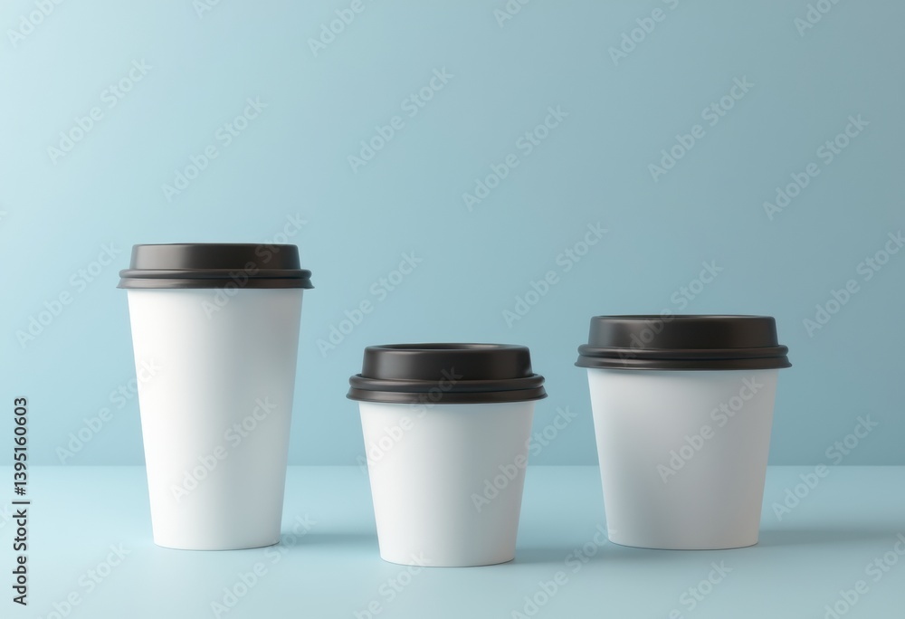 Three disposable coffee cups of varying sizes against a light blue background Three disposable coffee cups of varying sizes against a light blue background