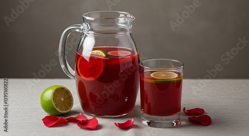 Wallpaper Mural Crimson beverage in glass pitcher and tumbler, lime slices, rose petals on textured linen. Torontodigital.ca