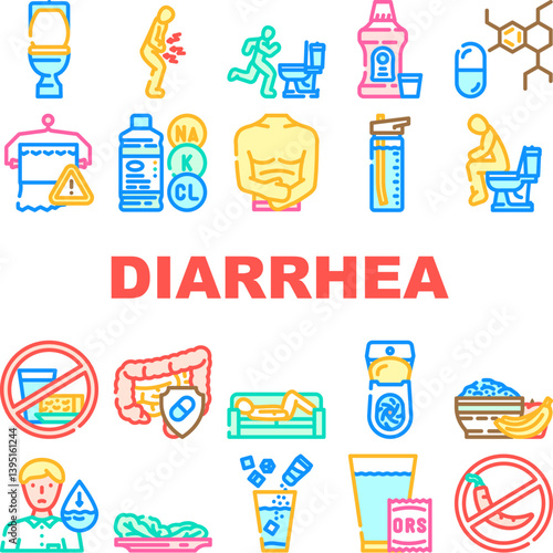 diarrhea causes symptom treatment icons set vector