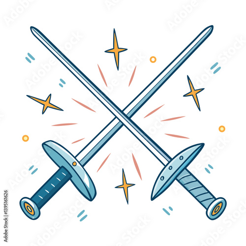 Create a vector illustration of two fencing swords clashing, with bold, dynamic strokes and a high contrast color scheme.  Focus on impactful visual energy.