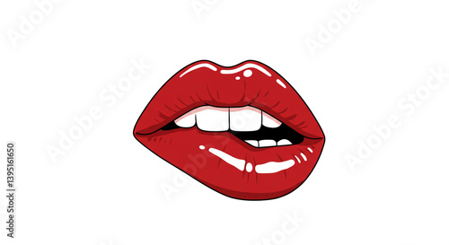 Sultry red lips playfully biting their lower lip, a pop art style graphic with bold lines and glossy texture.