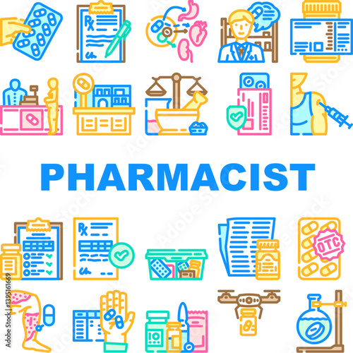 pharmacist medication drugs icons set vector