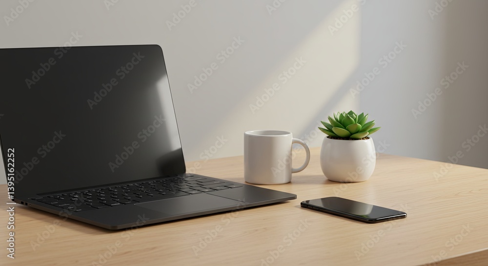 Obraz premium an open laptop computer on a wooden table with a white cup next to it