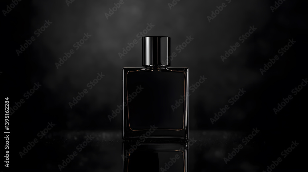Mysterious Scent: A sophisticated perfume bottle, elegantly designed in sleek black, sits centered. It exudes luxury and allure in a captivating, artistic composition. Mysterious Scent: A sophisticated perfume bottle, elegantly designed in sleek black, sits centered. It exudes luxury and allure in a captivating, artistic composition.
