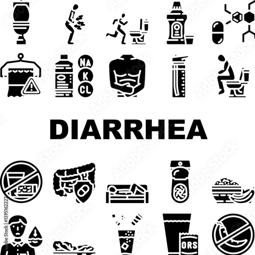diarrhea causes symptom treatment icons set vector