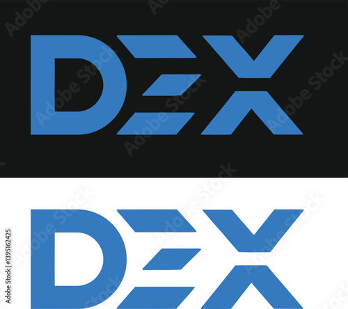 A blue and black logo for "DEX" with a reflected version below.
