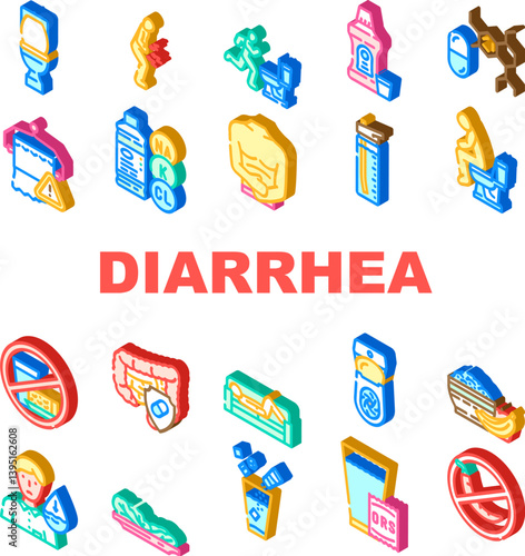 diarrhea causes symptom treatment icons set vector