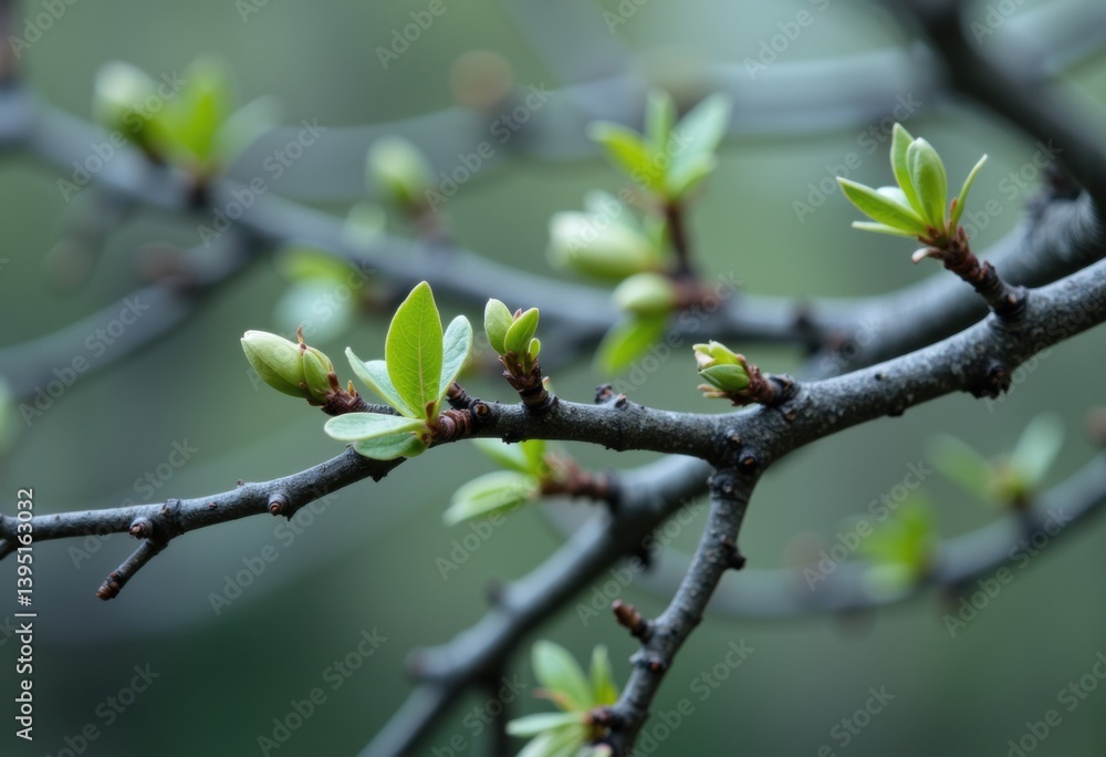 Fresh green leaves sprouting on a branch in early spring Fresh green leaves sprouting on a branch in early spring