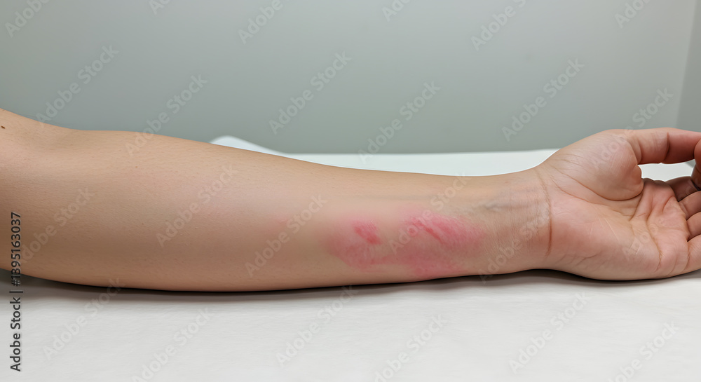 Reddened Skin: Irritation Markings on Inner Forearm. Reddened Skin: Irritation Markings on Inner Forearm.