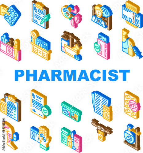 pharmacist medication drugs icons set vector