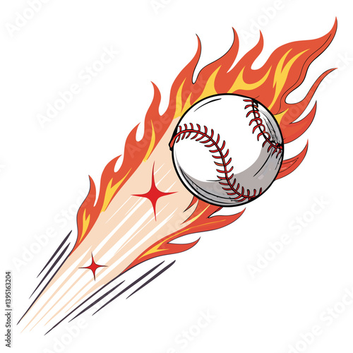 Design a vector graphic of a flaming baseball soaring through the air, using bold, dynamic strokes.  Emphasize motion and intensity.