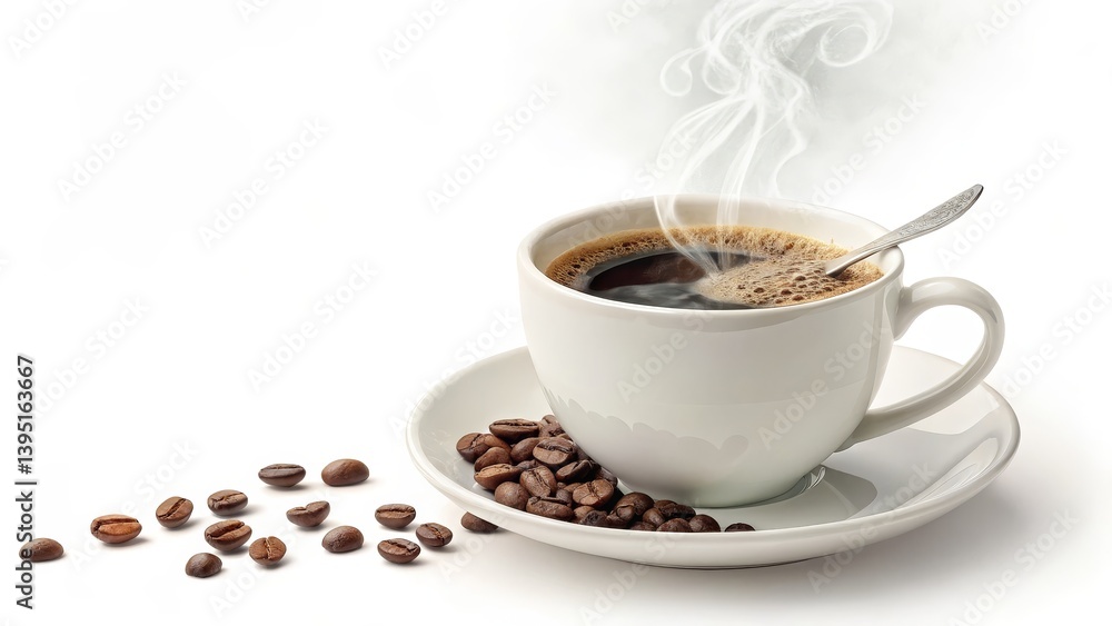 Steaming Cup of Coffee with Beans High-Angle Close-up Still Life Photography, coffee, caffeine Steaming Cup of Coffee with Beans High-Angle Close-up Still Life Photography, coffee, caffeine
