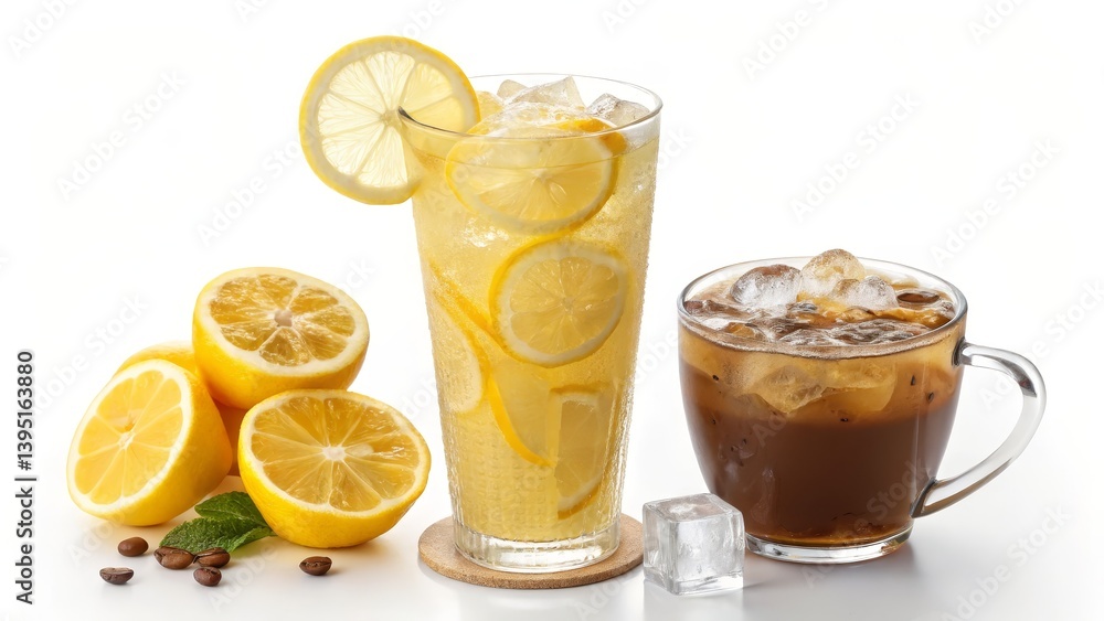 Refreshing Iced Lemon Tea and Coffee Tall Glass, Lemon Slices, Ice Cubes, Close-up, Studio Shot, Beverage, Summer Drink Iced coffee Refreshing Iced Lemon Tea and Coffee Tall Glass, Lemon Slices, Ice Cubes, Close-up, Studio Shot, Beverage, Summer Drink Iced coffee