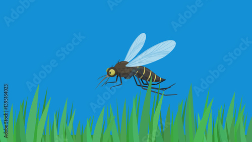 Mosquito in flight seen from the side above grass under a blue sky in a cartoon style