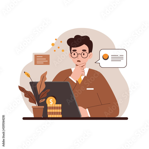 Finance intern pondering financial strategies at a desk background  