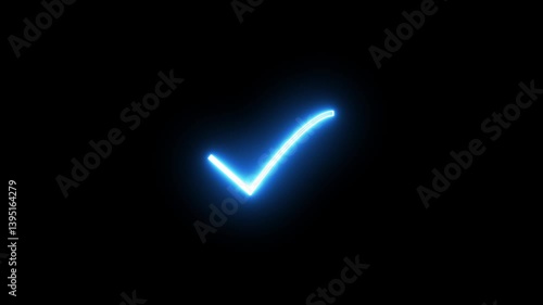 Glowing neon check mark icon  animation tick sign accept select confirm correct agree animated. successful symbol, check mark, tick mark. Neon tick mark icon on black background